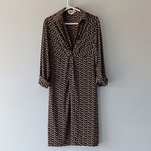 TravelSmith Shirt Dress Long-Sleeve V-Neck A-Line Polka Dot Tan Black Small